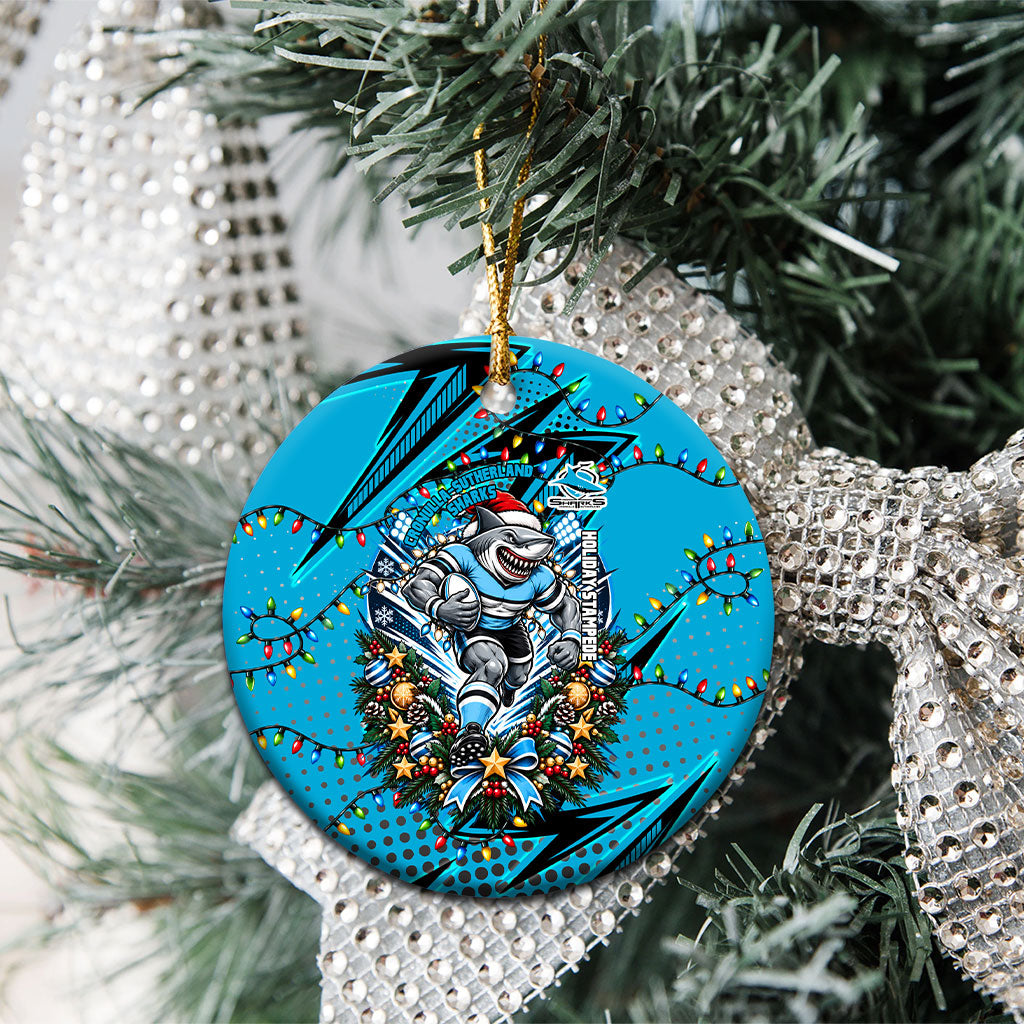 Cronulla Sutherland Sharks Rugby Christmas Ceramic Ornament Holiday Mascot Graphic Art Festive Lights Bow