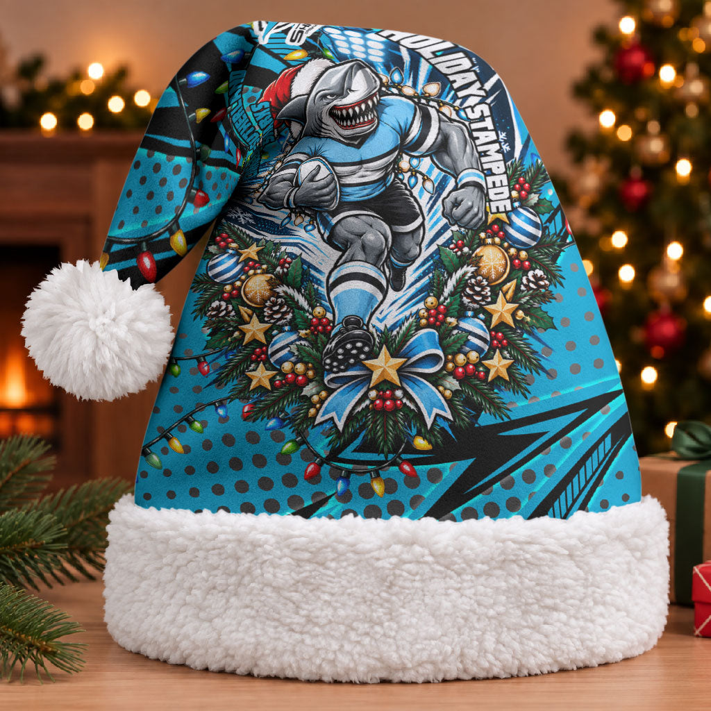 Cronulla Sutherland Sharks Rugby Christmas Santa Hat Holiday Mascot Graphic Art Festive Lights Bow