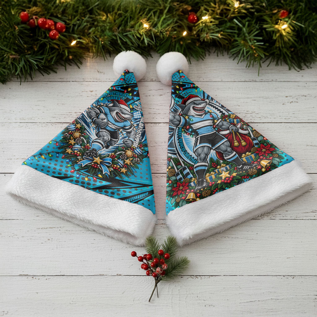 Cronulla Sutherland Sharks Rugby Christmas Santa Hat Holiday Mascot Graphic Art Festive Lights Bow