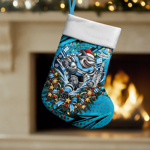 Cronulla Sutherland Sharks Rugby Christmas Stocking Holiday Mascot Graphic Art Festive Lights Bow
