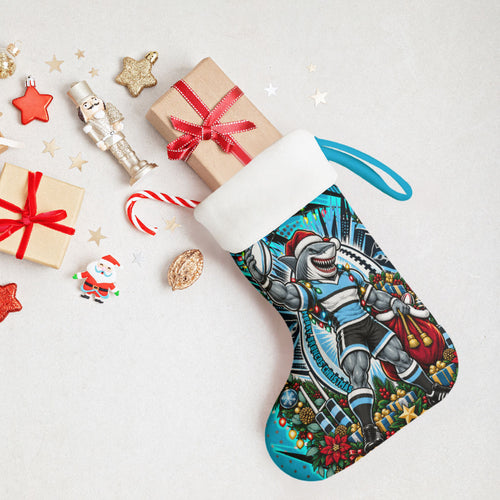 Cronulla Sutherland Sharks Rugby Christmas Stocking Holiday Mascot Graphic Art Festive Lights Bow