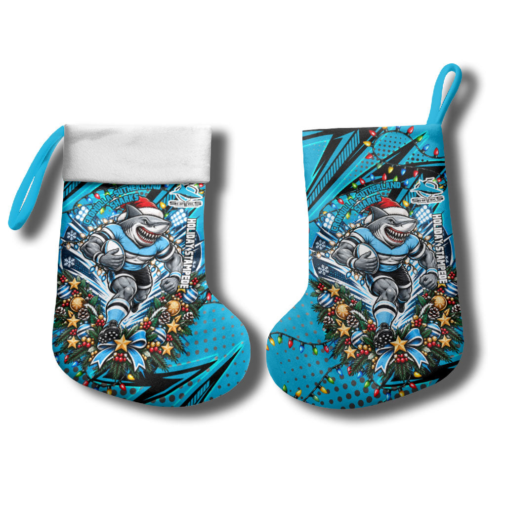 Cronulla Sutherland Sharks Rugby Christmas Stocking Holiday Mascot Graphic Art Festive Lights Bow