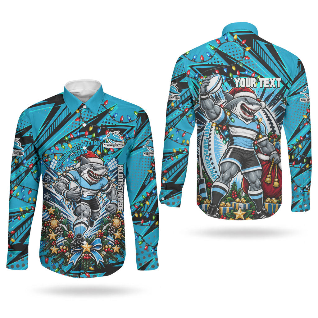 Personalized Cronulla Sutherland Sharks Rugby Christmas Couples Matching Mermaid Dress and Long Sleeve Button Shirt Holiday Mascot Graphic Art Festive Lights Bow