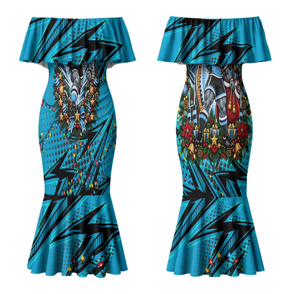 Personalized Cronulla Sutherland Sharks Rugby Christmas Couples Matching Mermaid Dress and Long Sleeve Button Shirt Holiday Mascot Graphic Art Festive Lights Bow