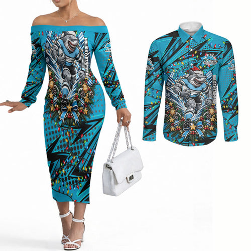 Personalized Cronulla Sutherland Sharks Rugby Christmas Couples Matching Off The Shoulder Long Sleeve Dress and Long Sleeve Button Shirt Holiday Mascot Graphic Art Festive Lights Bow