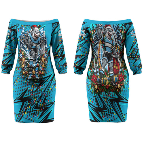 Personalized Cronulla Sutherland Sharks Rugby Christmas Couples Matching Off The Shoulder Long Sleeve Dress and Long Sleeve Button Shirt Holiday Mascot Graphic Art Festive Lights Bow