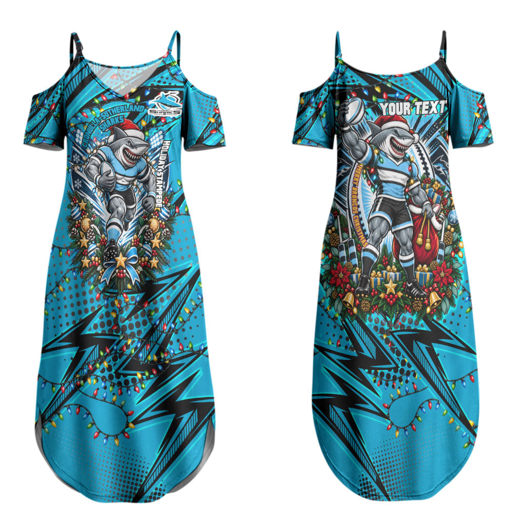 Personalized Cronulla Sutherland Sharks Rugby Christmas Couples Matching Summer Maxi Dress and Long Sleeve Button Shirt Holiday Mascot Graphic Art Festive Lights Bow