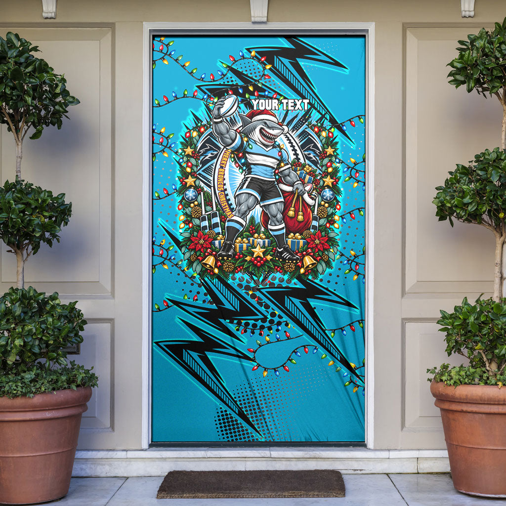 Personalized Cronulla Sutherland Sharks Rugby Christmas Door Cover Holiday Mascot Graphic Art Festive Lights Bow