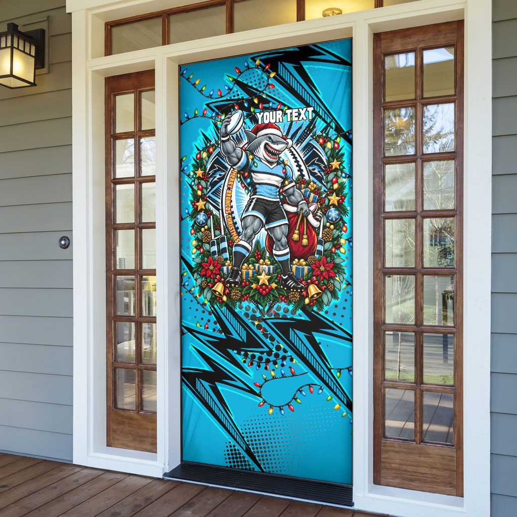 Personalized Cronulla Sutherland Sharks Rugby Christmas Door Cover Holiday Mascot Graphic Art Festive Lights Bow