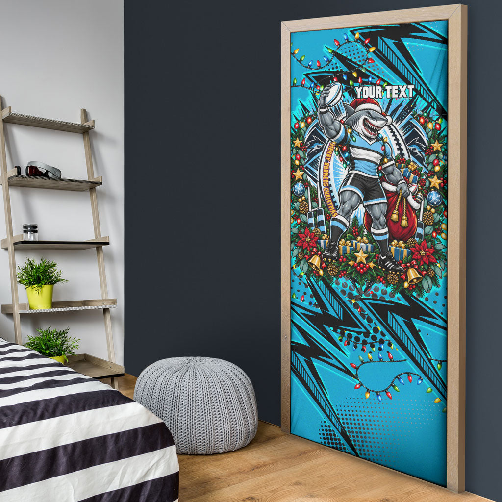 Personalized Cronulla Sutherland Sharks Rugby Christmas Door Cover Holiday Mascot Graphic Art Festive Lights Bow