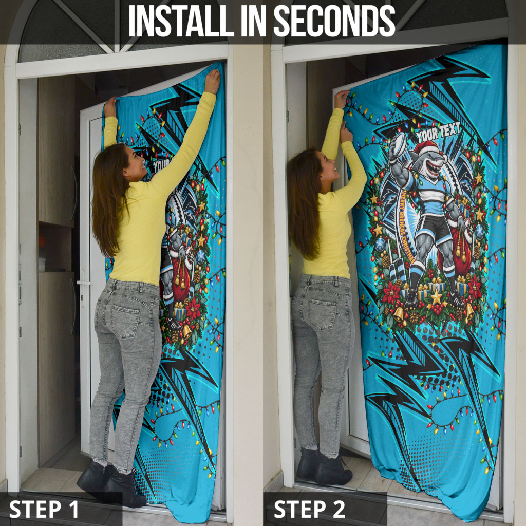 Personalized Cronulla Sutherland Sharks Rugby Christmas Door Cover Holiday Mascot Graphic Art Festive Lights Bow