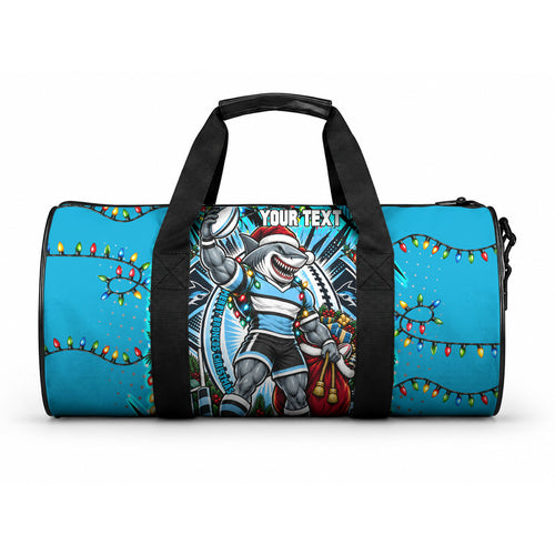 Personalized Cronulla Sutherland Sharks Rugby Christmas Duffle Bag Holiday Mascot Graphic Art Festive Lights Bow