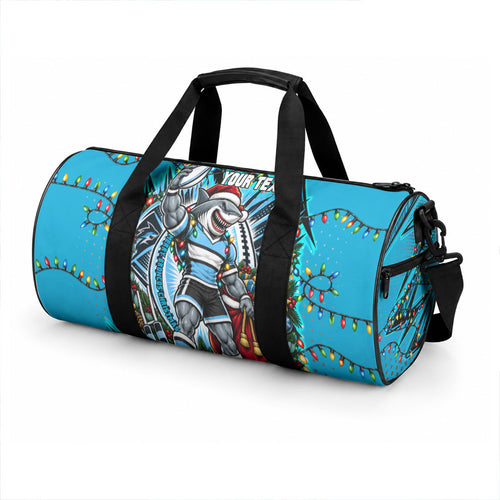 Personalized Cronulla Sutherland Sharks Rugby Christmas Duffle Bag Holiday Mascot Graphic Art Festive Lights Bow