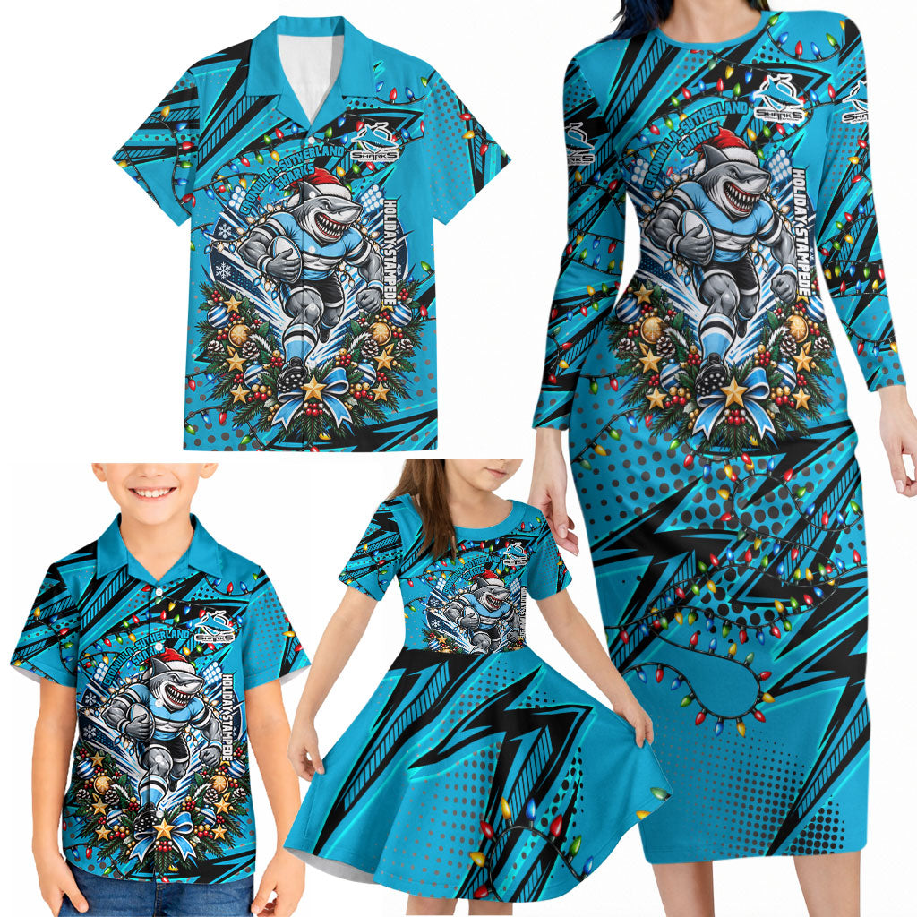 Personalized Cronulla Sutherland Sharks Rugby Christmas Family Matching Long Sleeve Bodycon Dress and Hawaiian Shirt Holiday Mascot Graphic Art Festive Lights Bow