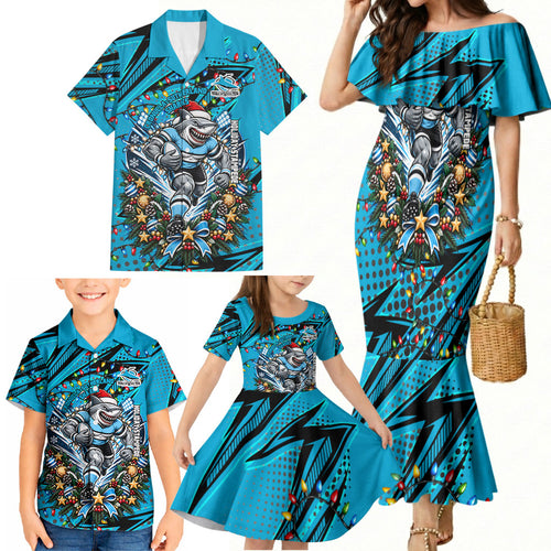 Personalized Cronulla Sutherland Sharks Rugby Christmas Family Matching Mermaid Dress and Hawaiian Shirt Holiday Mascot Graphic Art Festive Lights Bow