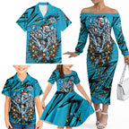 Personalized Cronulla Sutherland Sharks Rugby Christmas Family Matching Off The Shoulder Long Sleeve Dress and Hawaiian Shirt Holiday Mascot Graphic Art Festive Lights Bow