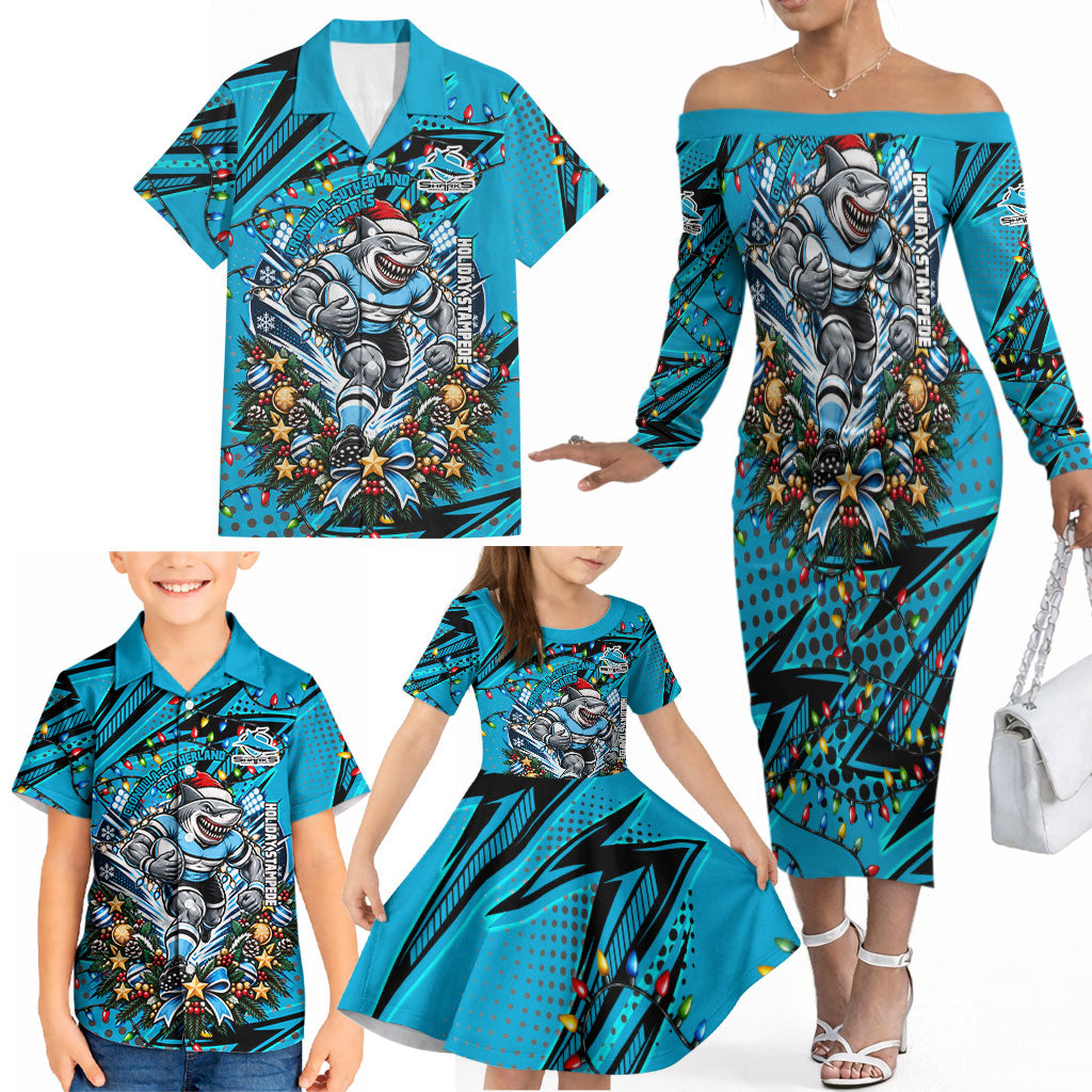 Personalized Cronulla Sutherland Sharks Rugby Christmas Family Matching Off The Shoulder Long Sleeve Dress and Hawaiian Shirt Holiday Mascot Graphic Art Festive Lights Bow