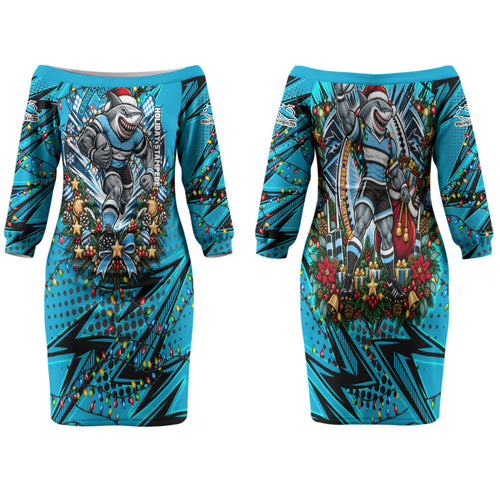 Personalized Cronulla Sutherland Sharks Rugby Christmas Family Matching Off The Shoulder Long Sleeve Dress and Hawaiian Shirt Holiday Mascot Graphic Art Festive Lights Bow
