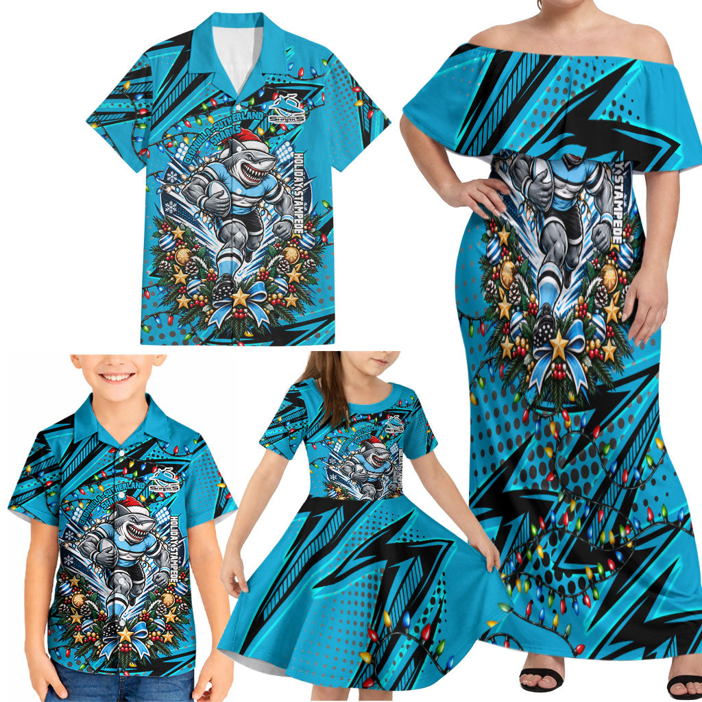 Personalized Cronulla Sutherland Sharks Rugby Christmas Family Matching Off Shoulder Maxi Dress and Hawaiian Shirt Holiday Mascot Graphic Art Festive Lights Bow