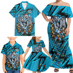 Personalized Cronulla Sutherland Sharks Rugby Christmas Family Matching Off Shoulder Maxi Dress and Hawaiian Shirt Holiday Mascot Graphic Art Festive Lights Bow