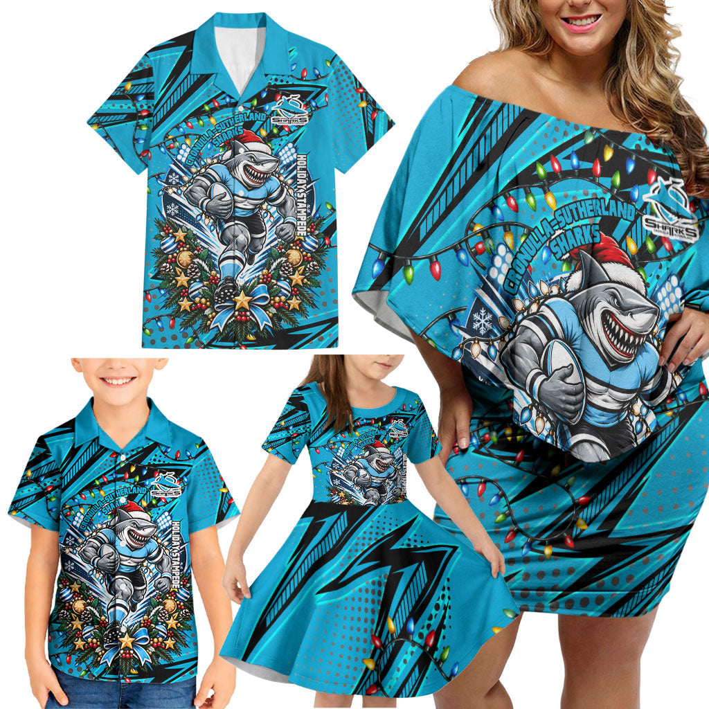 Personalized Cronulla Sutherland Sharks Rugby Christmas Family Matching Off Shoulder Short Dress and Hawaiian Shirt Holiday Mascot Graphic Art Festive Lights Bow