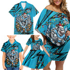 Personalized Cronulla Sutherland Sharks Rugby Christmas Family Matching Off Shoulder Short Dress and Hawaiian Shirt Holiday Mascot Graphic Art Festive Lights Bow