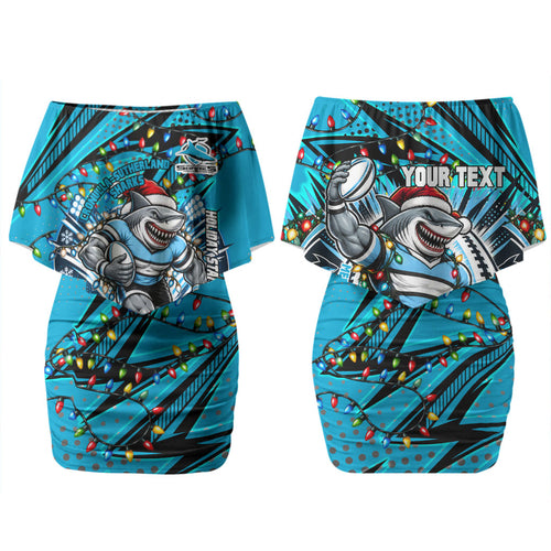 Personalized Cronulla Sutherland Sharks Rugby Christmas Family Matching Off Shoulder Short Dress and Hawaiian Shirt Holiday Mascot Graphic Art Festive Lights Bow