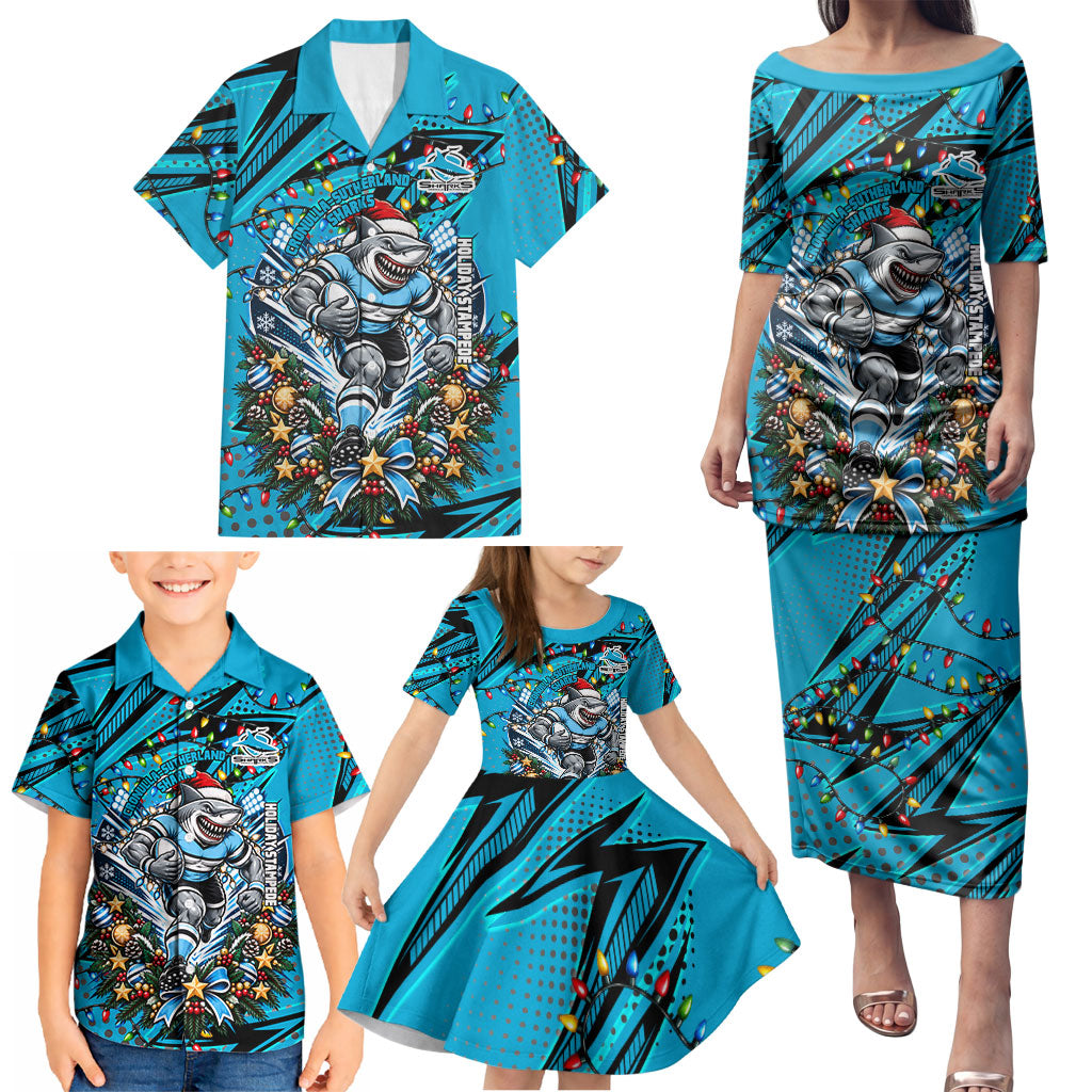 Personalized Cronulla Sutherland Sharks Rugby Christmas Family Matching Puletasi and Hawaiian Shirt Holiday Mascot Graphic Art Festive Lights Bow
