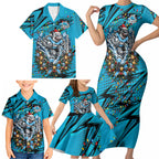 Personalized Cronulla Sutherland Sharks Rugby Christmas Family Matching Short Sleeve Bodycon Dress and Hawaiian Shirt Holiday Mascot Graphic Art Festive Lights Bow