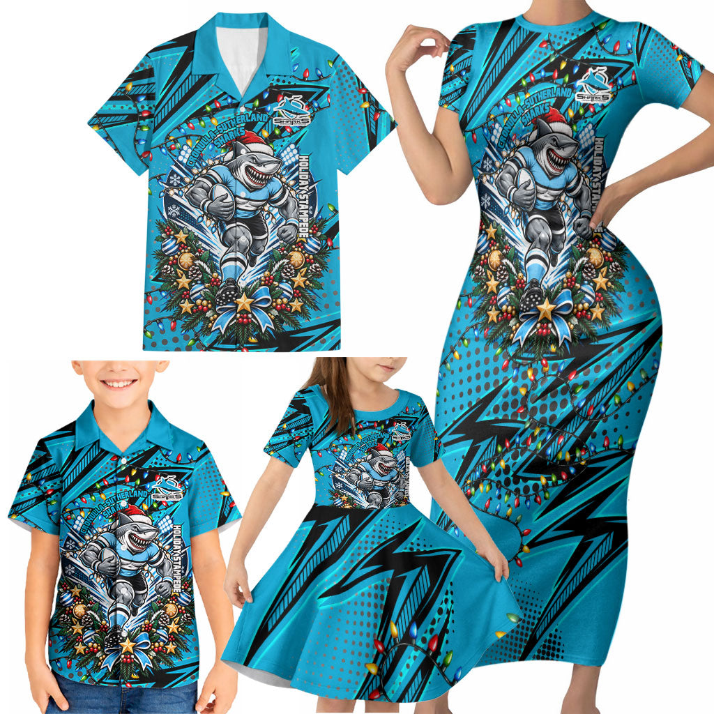 Personalized Cronulla Sutherland Sharks Rugby Christmas Family Matching Short Sleeve Bodycon Dress and Hawaiian Shirt Holiday Mascot Graphic Art Festive Lights Bow