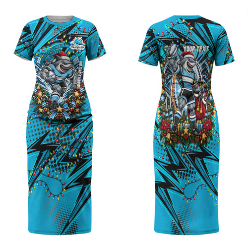 Personalized Cronulla Sutherland Sharks Rugby Christmas Family Matching Short Sleeve Bodycon Dress and Hawaiian Shirt Holiday Mascot Graphic Art Festive Lights Bow