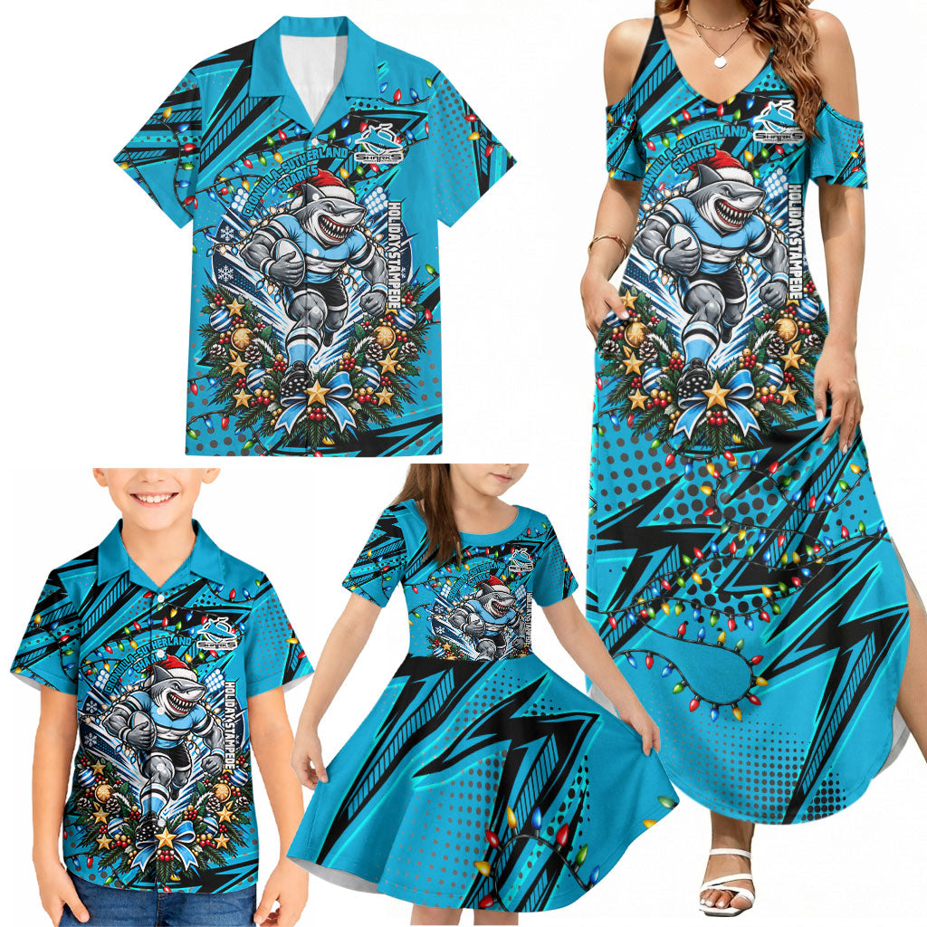 Personalized Cronulla Sutherland Sharks Rugby Christmas Family Matching Summer Maxi Dress and Hawaiian Shirt Holiday Mascot Graphic Art Festive Lights Bow