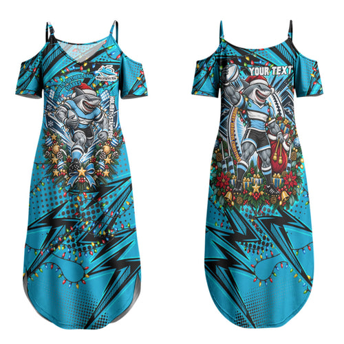 Personalized Cronulla Sutherland Sharks Rugby Christmas Family Matching Summer Maxi Dress and Hawaiian Shirt Holiday Mascot Graphic Art Festive Lights Bow