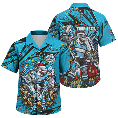 Personalized Cronulla Sutherland Sharks Rugby Christmas Family Matching Summer Maxi Dress and Hawaiian Shirt Holiday Mascot Graphic Art Festive Lights Bow