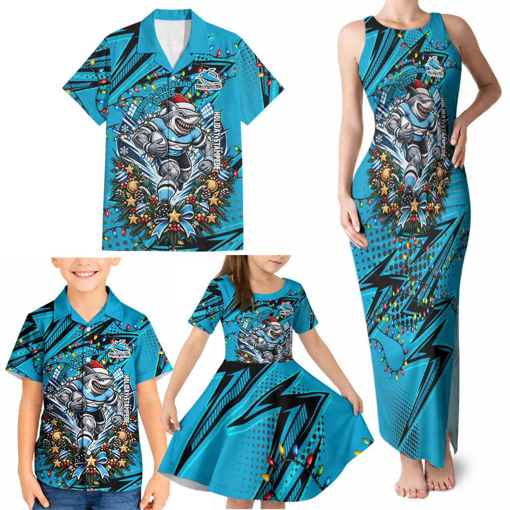 Personalized Cronulla Sutherland Sharks Rugby Christmas Family Matching Tank Maxi Dress and Hawaiian Shirt Holiday Mascot Graphic Art Festive Lights Bow