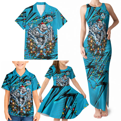 Personalized Cronulla Sutherland Sharks Rugby Christmas Family Matching Tank Maxi Dress and Hawaiian Shirt Holiday Mascot Graphic Art Festive Lights Bow