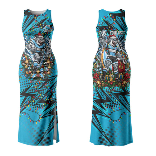 Personalized Cronulla Sutherland Sharks Rugby Christmas Family Matching Tank Maxi Dress and Hawaiian Shirt Holiday Mascot Graphic Art Festive Lights Bow