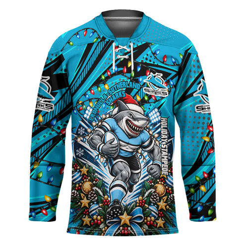 Personalized Cronulla Sutherland Sharks Rugby Christmas Hockey Jersey Holiday Mascot Graphic Art Festive Lights Bow