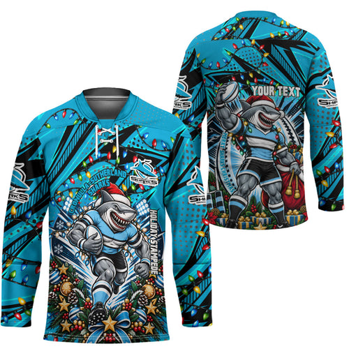 Personalized Cronulla Sutherland Sharks Rugby Christmas Hockey Jersey Holiday Mascot Graphic Art Festive Lights Bow