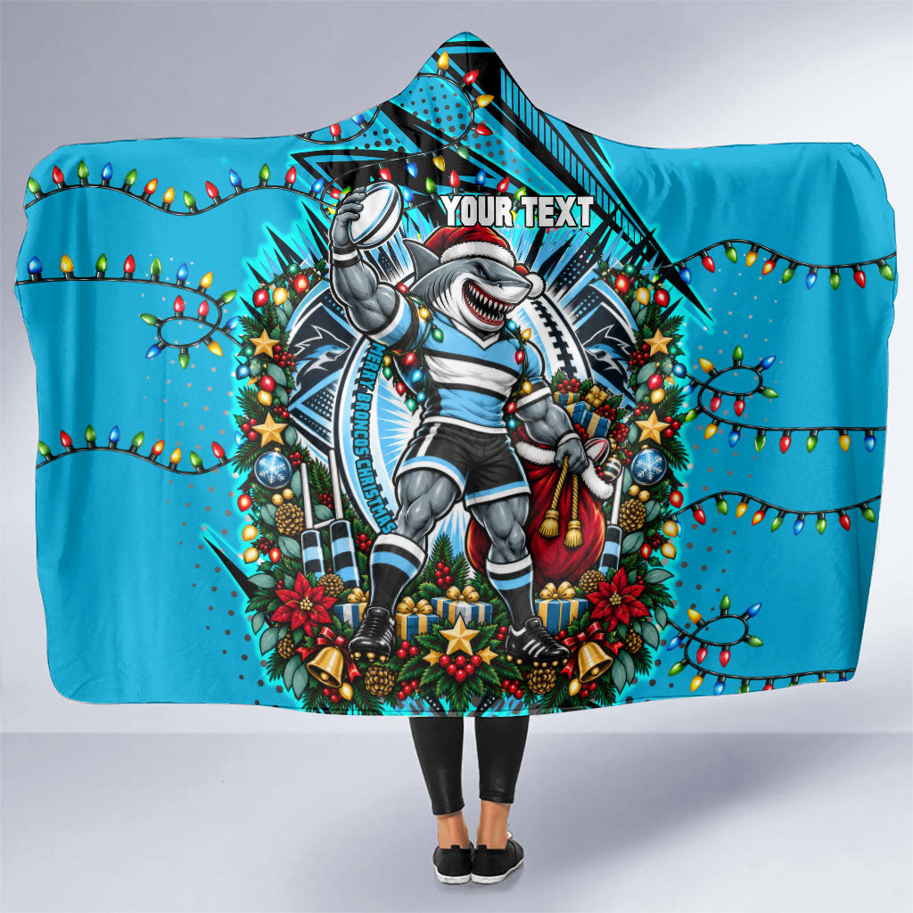 Personalized Cronulla Sutherland Sharks Rugby Christmas Hooded Blanket Holiday Mascot Graphic Art Festive Lights Bow