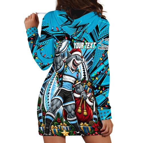 Personalized Cronulla Sutherland Sharks Rugby Christmas Hoodie Dress Holiday Mascot Graphic Art Festive Lights Bow