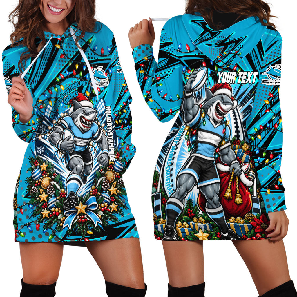 Personalized Cronulla Sutherland Sharks Rugby Christmas Hoodie Dress Holiday Mascot Graphic Art Festive Lights Bow