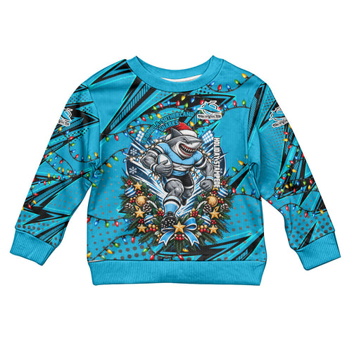 Personalized Cronulla Sutherland Sharks Rugby Christmas Kid Ugly Christmas Sweater Holiday Mascot Graphic Art Festive Lights Bow