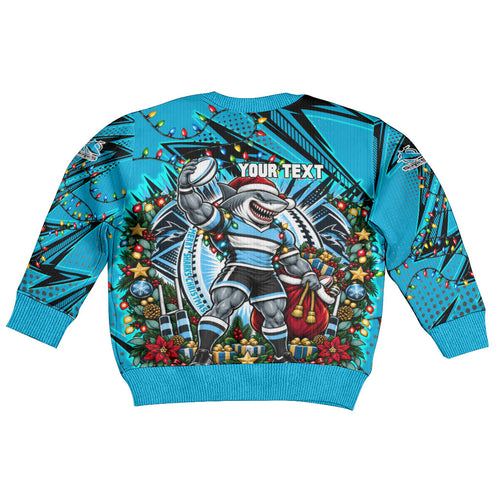 Personalized Cronulla Sutherland Sharks Rugby Christmas Kid Ugly Christmas Sweater Holiday Mascot Graphic Art Festive Lights Bow