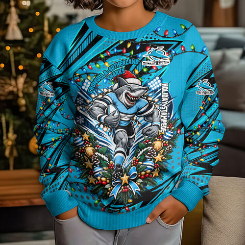 Personalized Cronulla Sutherland Sharks Rugby Christmas Kid Ugly Christmas Sweater Holiday Mascot Graphic Art Festive Lights Bow