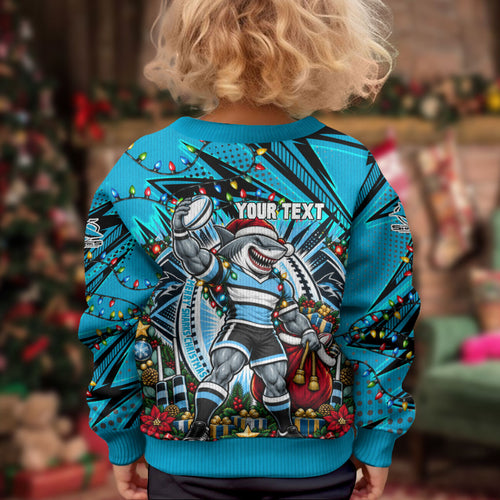 Personalized Cronulla Sutherland Sharks Rugby Christmas Kid Ugly Christmas Sweater Holiday Mascot Graphic Art Festive Lights Bow