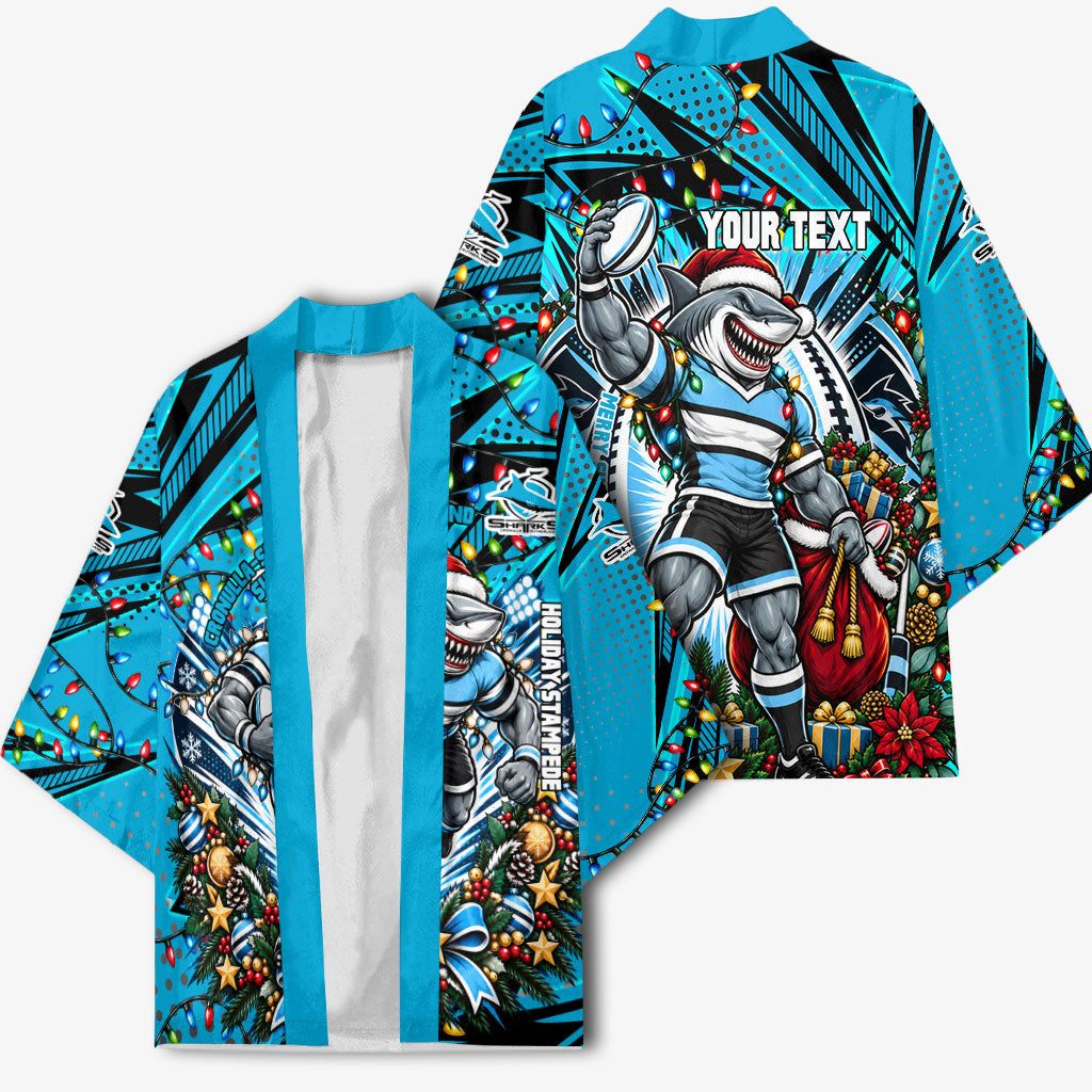 Personalized Cronulla Sutherland Sharks Rugby Christmas Kimono Holiday Mascot Graphic Art Festive Lights Bow