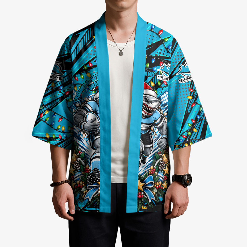 Personalized Cronulla Sutherland Sharks Rugby Christmas Kimono Holiday Mascot Graphic Art Festive Lights Bow