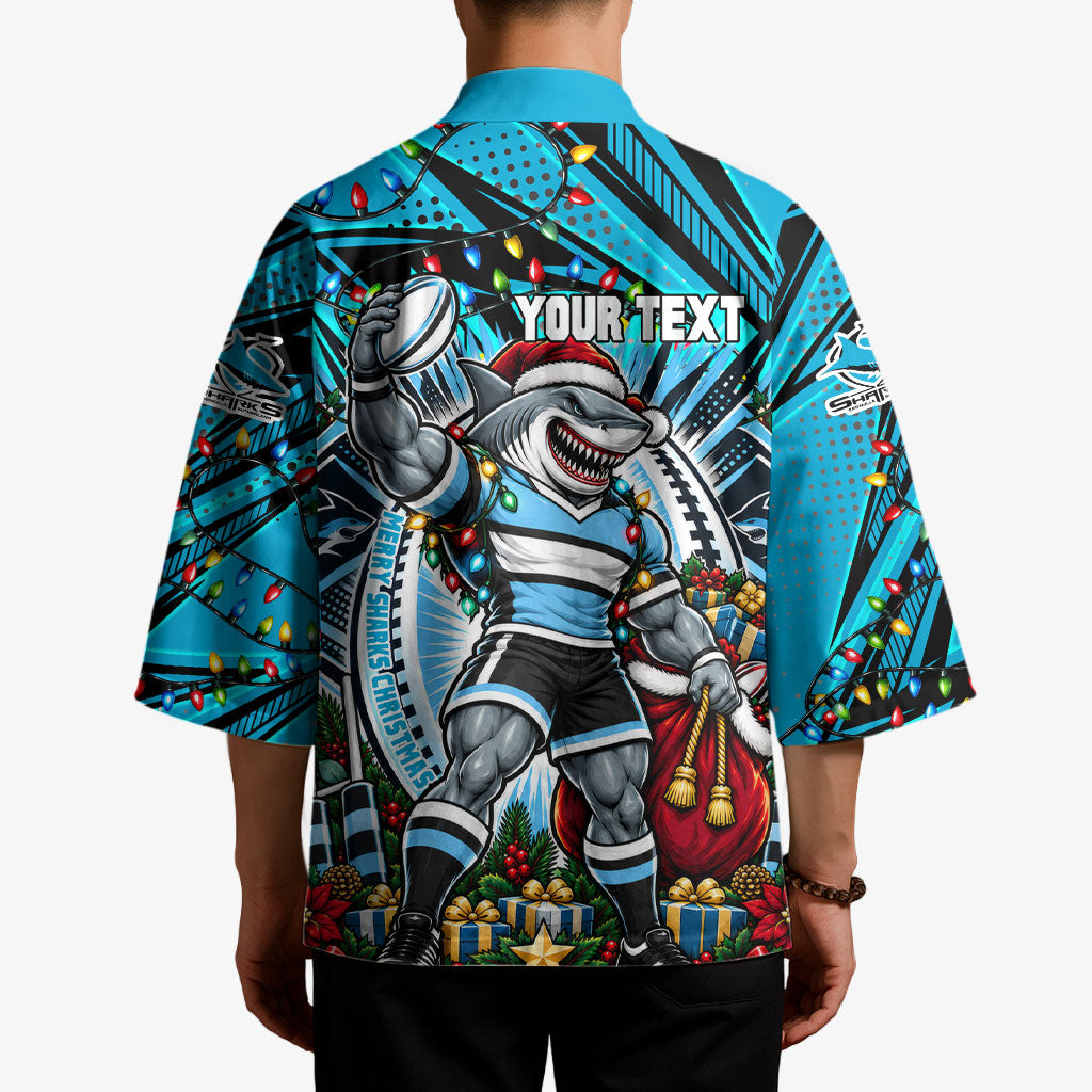 Personalized Cronulla Sutherland Sharks Rugby Christmas Kimono Holiday Mascot Graphic Art Festive Lights Bow