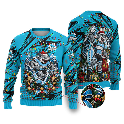 Personalized Cronulla Sutherland Sharks Rugby Christmas Ugly Christmas Sweater Holiday Mascot Graphic Art Festive Lights Bow